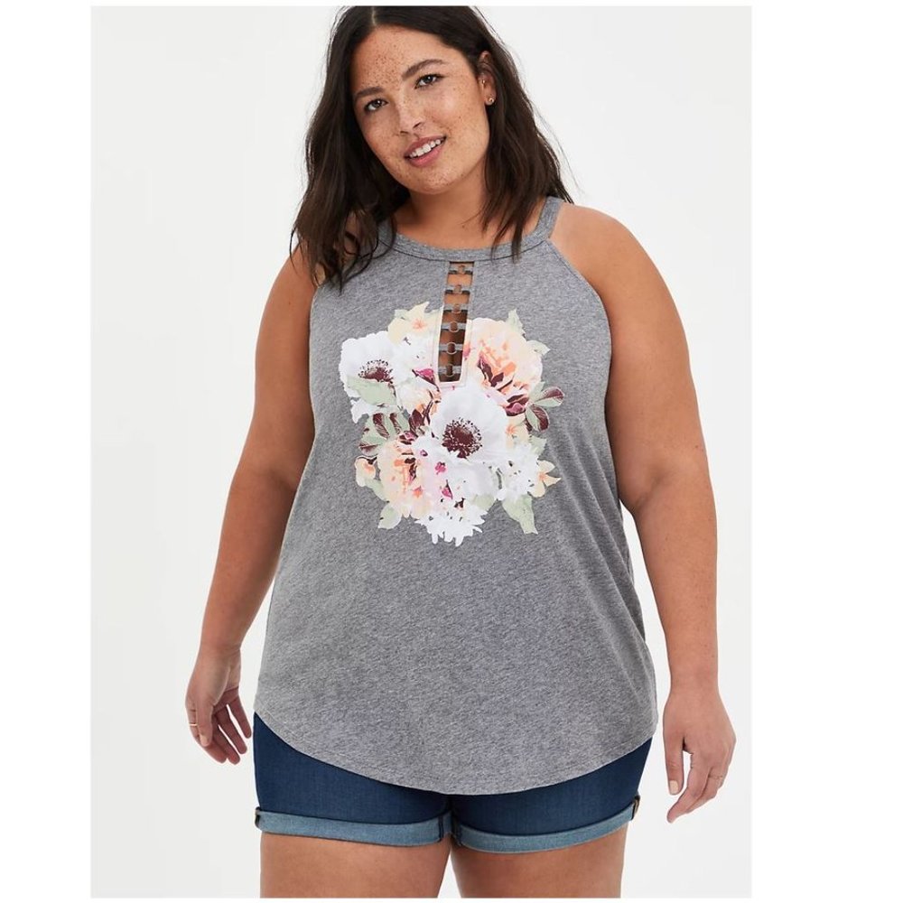 Torrid Size 6X 30 Grey Floral O-Ring Slim Fit Tank Top